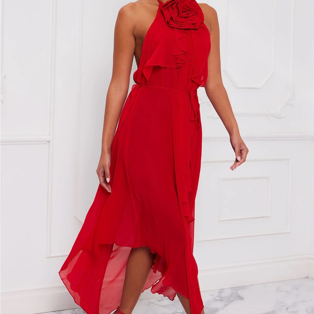 Red Flower Rose Rosette Halter High Low Chiffon Dress